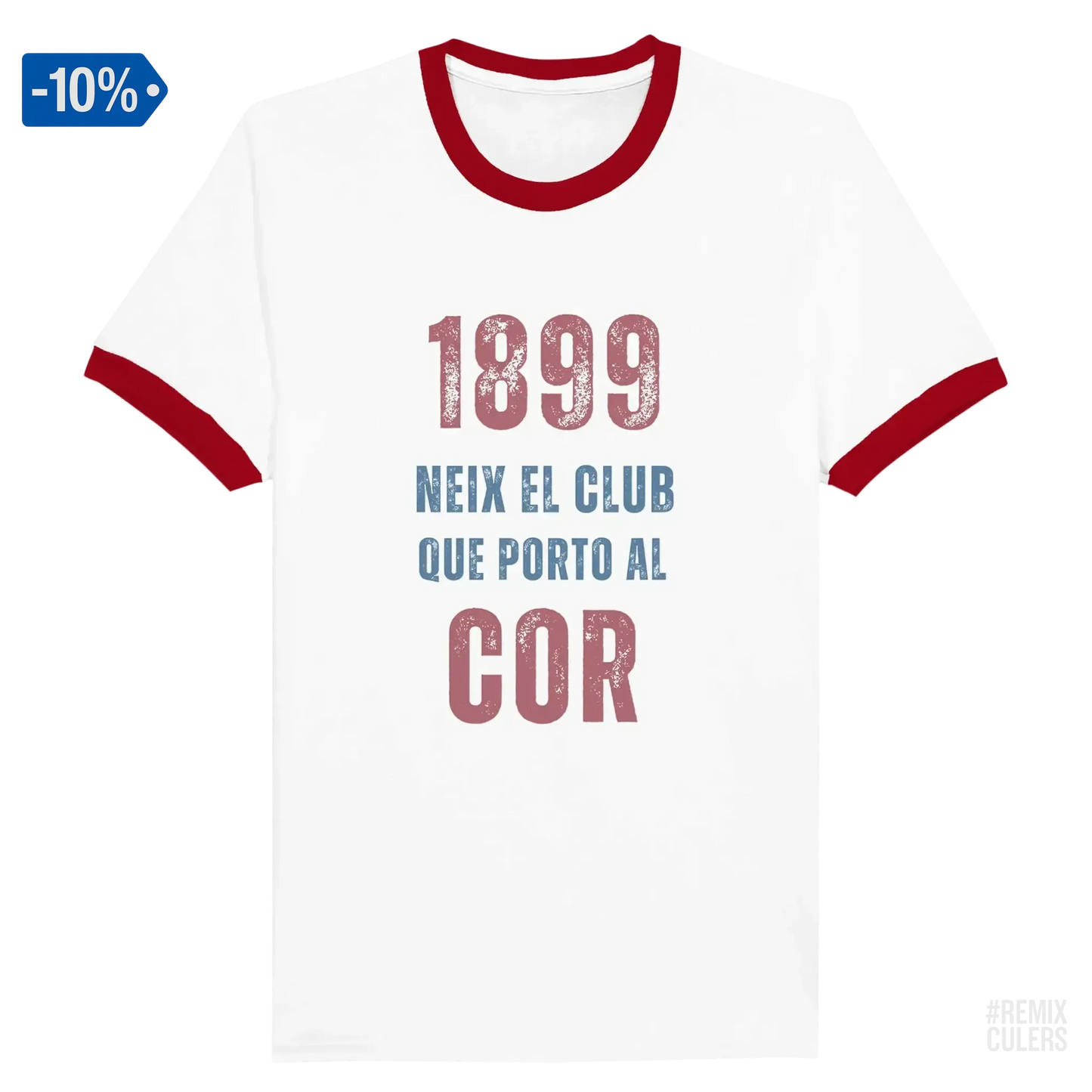 Camiseta unisex Ringer - 1899 Blanco y rojo – Print Material 1899 neix el club que porto al cor merch FCB Barça culers blaugrana història fundació orgull identitat futbol | remixculers