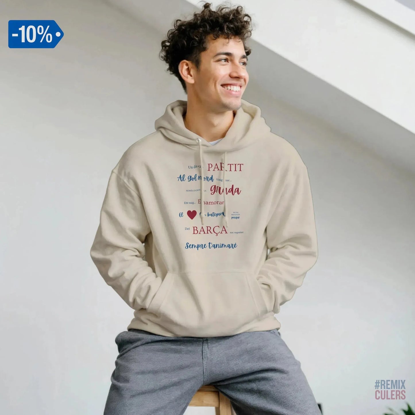 Print Material Sudadera con capucha unisex - UN DIA DE PARTIT – càntic del Barça blaugrana FCB per aficionats culers – color Arena – remixculers