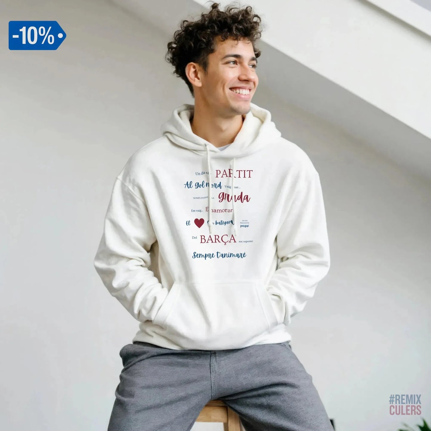 Print Material Sudadera con capucha unisex - UN DIA DE PARTIT – càntic del Barça blaugrana FCB per aficionats culers – color Blanco – remixculers