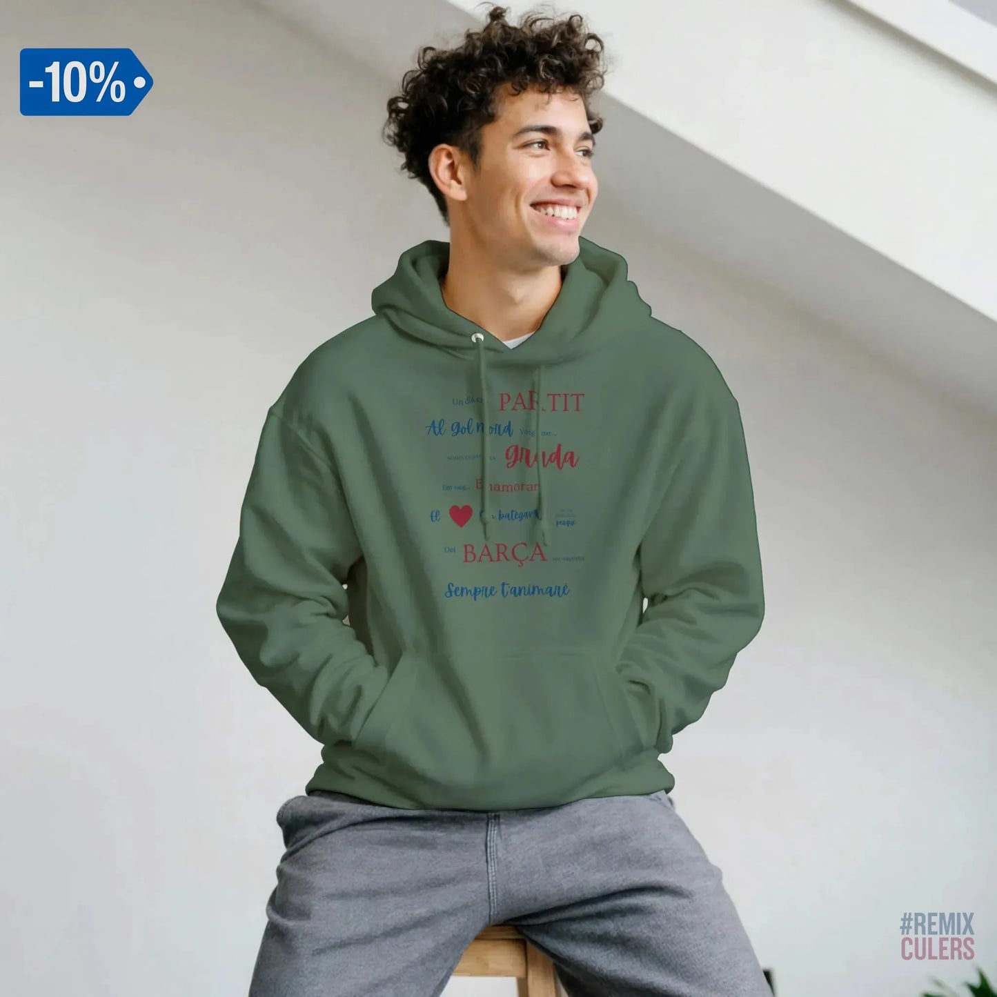 Print Material Sudadera con capucha unisex - UN DIA DE PARTIT – càntic del Barça blaugrana FCB per aficionats culers – color Verde Militar – remixculers