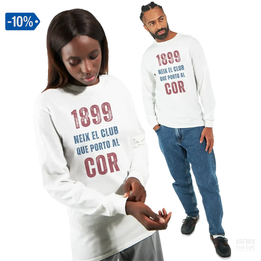 Camiseta de manga larga unisex - 1899 Blanco – Print Material 1899 neix el club que porto al cor merch FCB Barça culers blaugrana història fundació orgull identitat futbol | remixculers