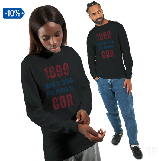 Camiseta de manga larga unisex - 1899 Negro – Print Material 1899 neix el club que porto al cor merch FCB Barça culers blaugrana història fundació orgull identitat futbol | remixculers