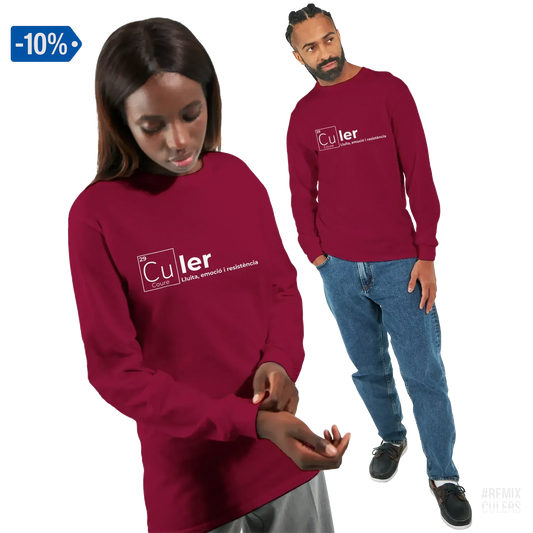 Camiseta de manga larga unisex - QUÍMICA CULER Rojo cereza – Print Material Científicament Culer merch FCB Barça culers blaugrana ciència i futbol passió | remixculers