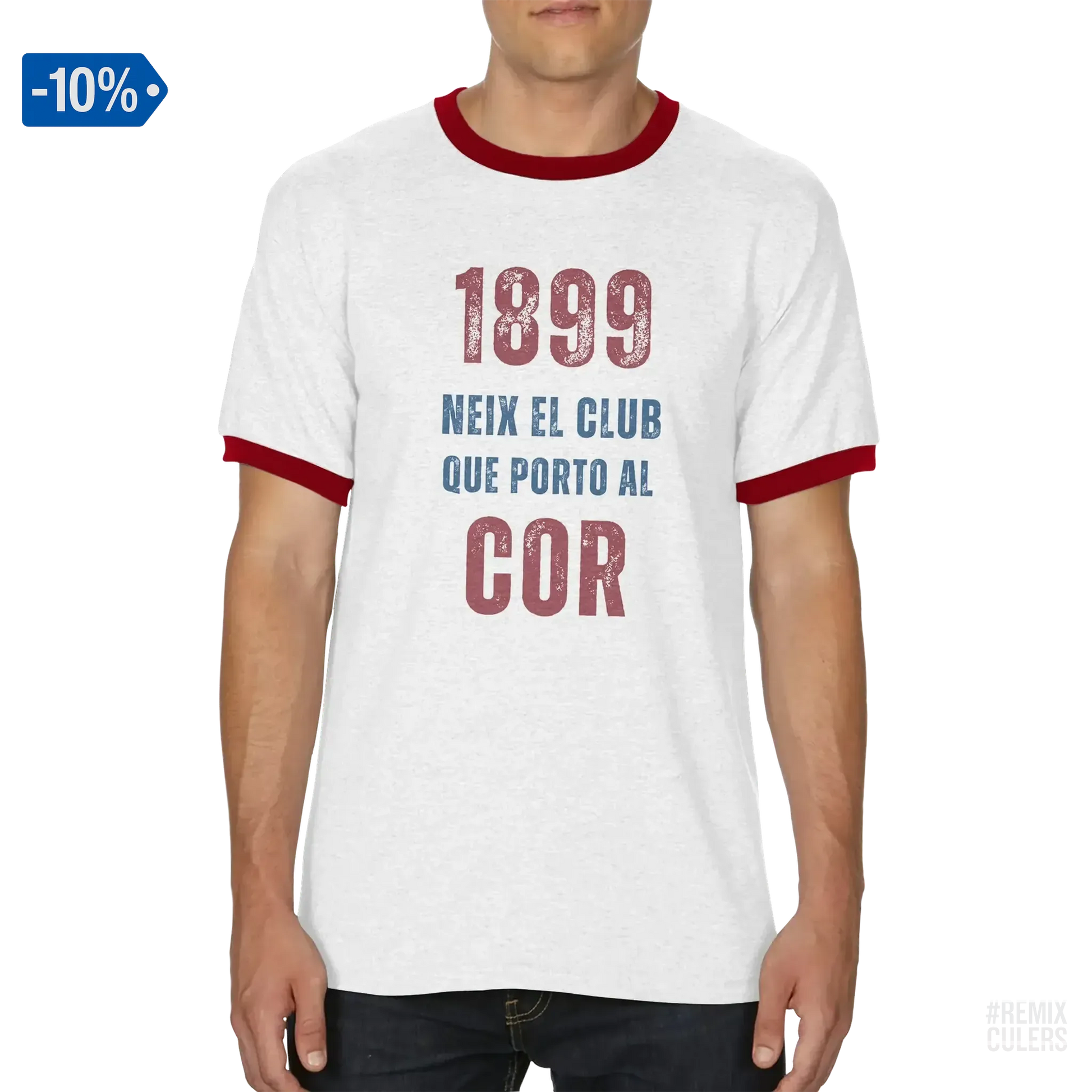 Camiseta unisex Ringer - 1899 Blanco y rojo – Print Material 1899 neix el club que porto al cor merch FCB Barça culers blaugrana història fundació orgull identitat futbol | remixculers