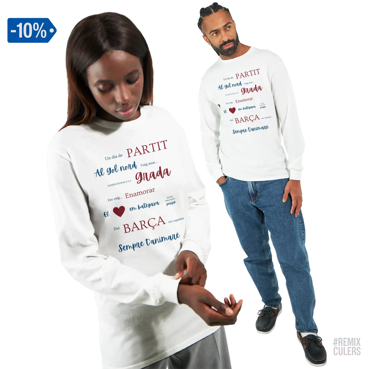 Print Material Camiseta de manga larga unisex - UN DIA DE PARTIT – càntic del Barça blaugrana FCB per aficionats culers – color Blanco – remixculers