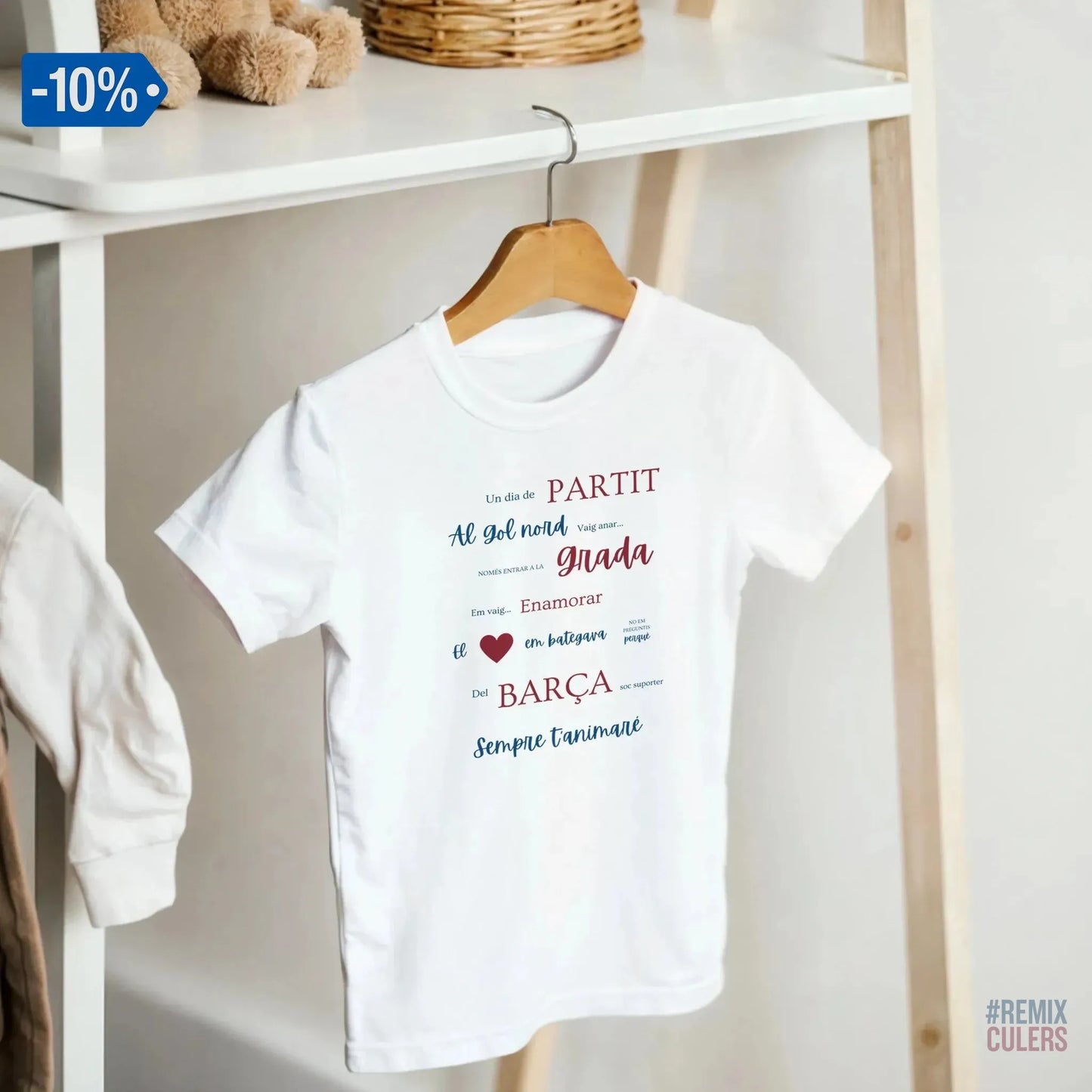 Print Material Camiseta infantil - UN DIA DE PARTIT – càntic del Barça blaugrana FCB per aficionats culers – color Blanco – remixculers