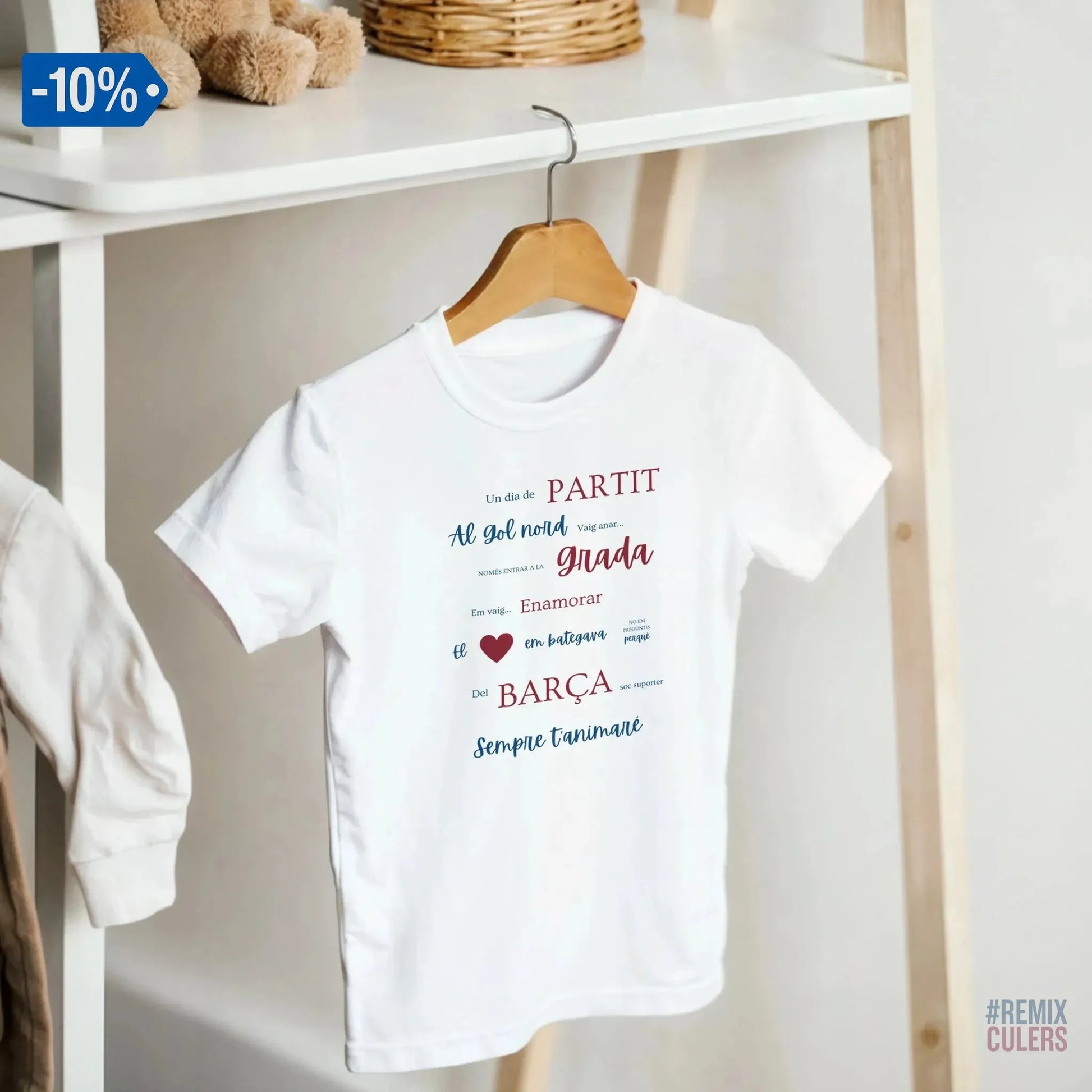 Print Material Camiseta infantil - UN DIA DE PARTIT – càntic del Barça blaugrana FCB per aficionats culers – color Blanco – remixculers