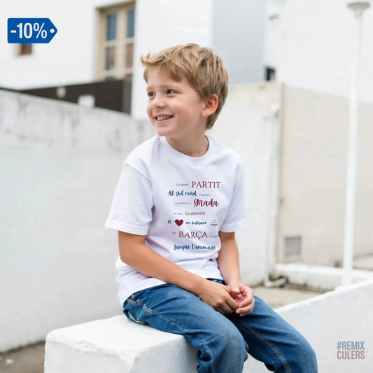 Print Material Camiseta infantil - UN DIA DE PARTIT – càntic del Barça blaugrana FCB per aficionats culers – color Blanco – remixculers