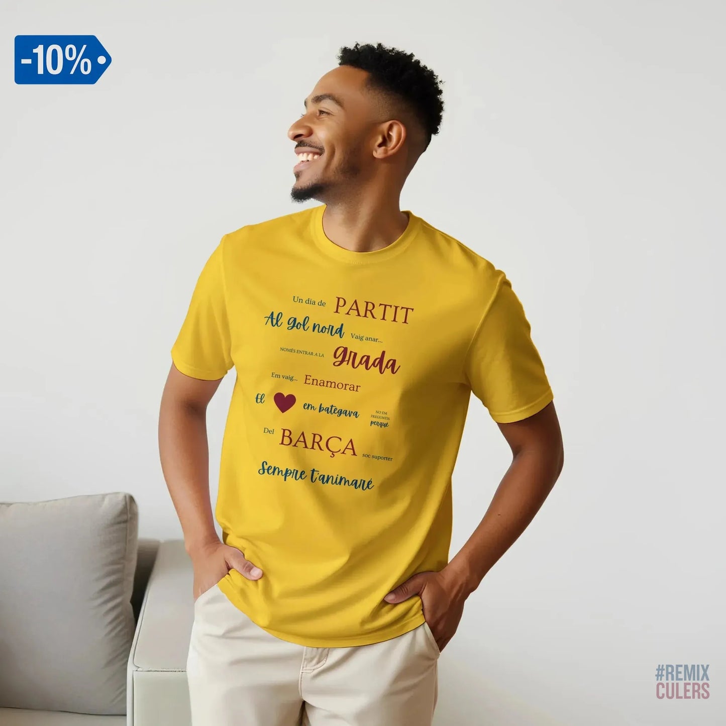 Print Material Camiseta unisex - UN DIA DE PARTIT – càntic del Barça blaugrana FCB per aficionats culers – color Amarillo – remixculers