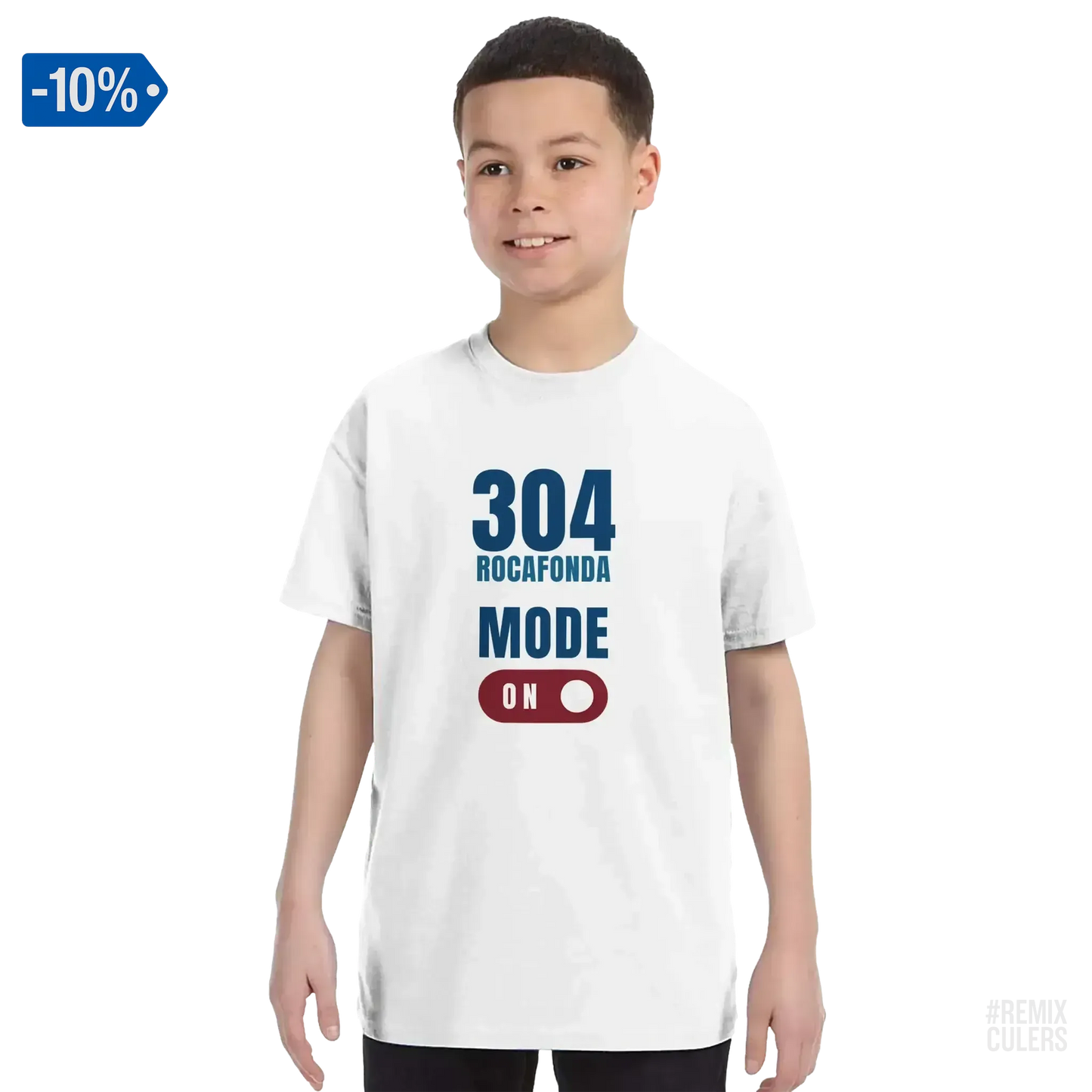 Camiseta infantil - 304 ROCAFONDA Blanco – Print Material Rocafonda Power 304 merch FCB Barça culers blaugrana Lamine Yamal Masia barri Mataró futbol | remixculers