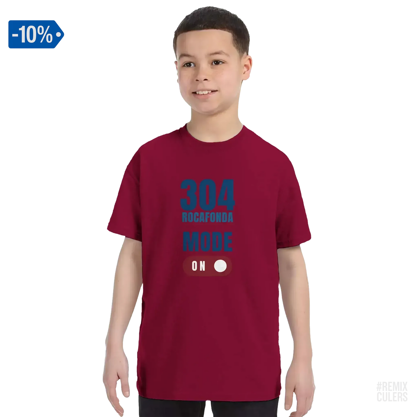Camiseta infantil - 304 ROCAFONDA Rojo cereza – Print Material Rocafonda Power 304 merch FCB Barça culers blaugrana Lamine Yamal Masia barri Mataró futbol | remixculers